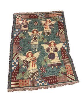 Angel-Themed Woven Throw Blanket  100% Cotton Reversible Goodwin Weavers
